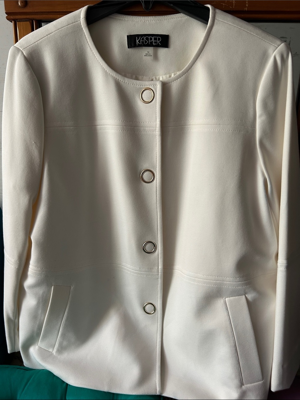 Kasper Ivory Collarless Blazer with Gold-Tone Ring Buttons